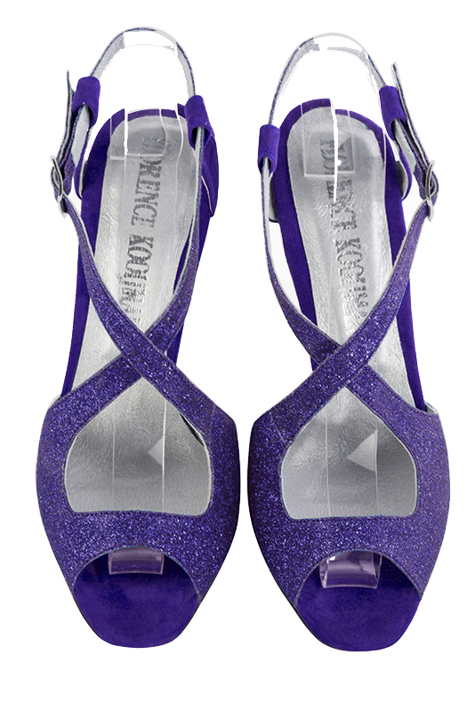 Violet purple women's open back sandals, with crossed straps. Round toe. Very high slim heel. Top view - Florence KOOIJMAN